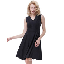 Belle Poque Normallack Retro Vintage Sleeveless V-Ausschnitt A-Linie Schwarz Einteiliges 50s 60s Swing Kleid BP000384-1